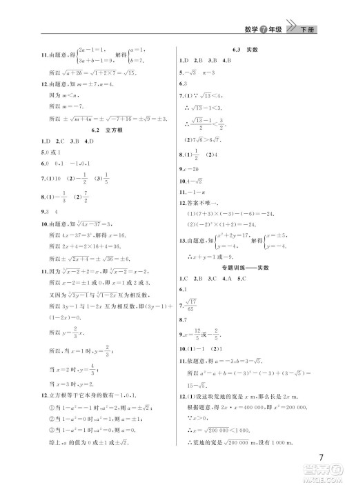 武汉出版社2024年春智慧学习天天向上课堂作业七年级数学下册人教版答案