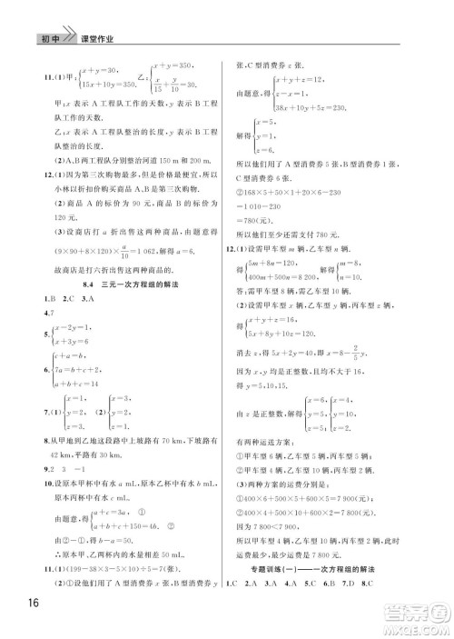 武汉出版社2024年春智慧学习天天向上课堂作业七年级数学下册人教版答案