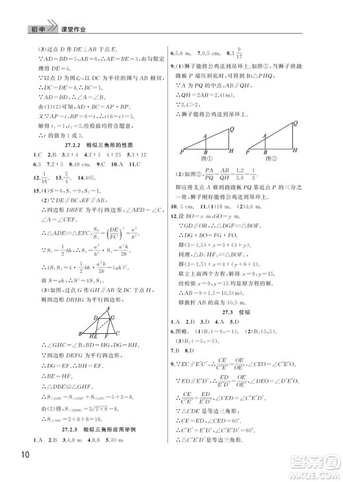武汉出版社2024年春智慧学习天天向上课堂作业九年级数学下册人教版答案