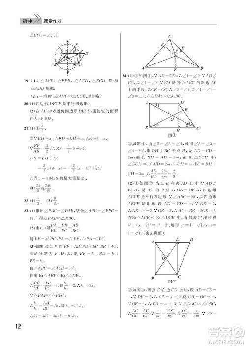 武汉出版社2024年春智慧学习天天向上课堂作业九年级数学下册人教版答案