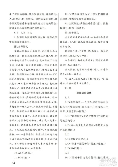 武汉出版社2024年春智慧学习天天向上课堂作业九年级语文下册人教版答案