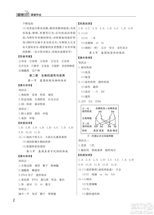 武汉出版社2024年春智慧学习天天向上课堂作业八年级生物下册人教版答案