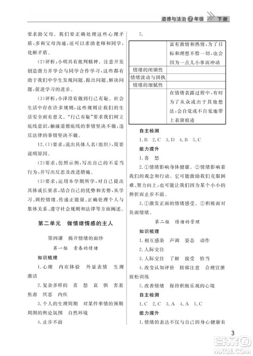 武汉出版社2024年春智慧学习天天向上课堂作业七年级道德与法治下册人教版答案