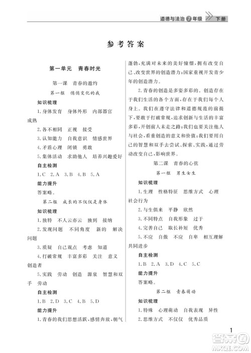 武汉出版社2024年春智慧学习天天向上课堂作业七年级道德与法治下册人教版答案