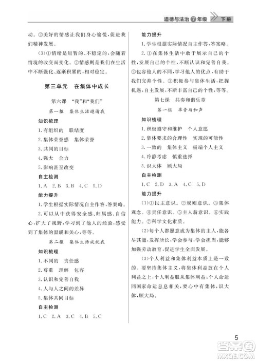 武汉出版社2024年春智慧学习天天向上课堂作业七年级道德与法治下册人教版答案