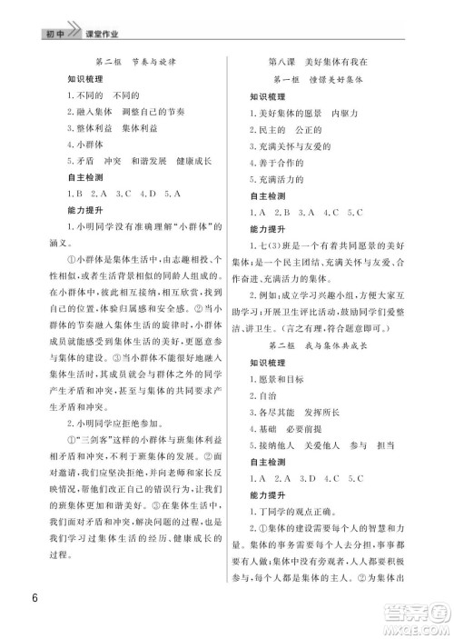 武汉出版社2024年春智慧学习天天向上课堂作业七年级道德与法治下册人教版答案