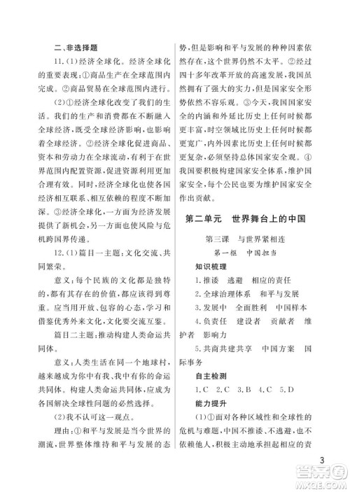 武汉出版社2024年春智慧学习天天向上课堂作业九年级道德与法治下册人教版答案