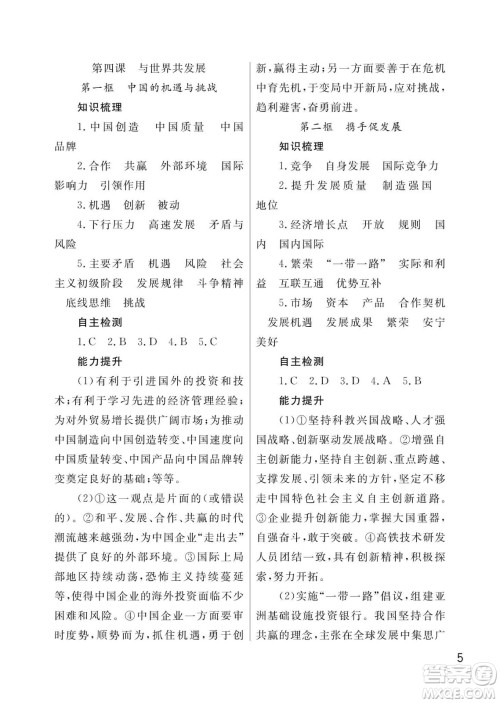 武汉出版社2024年春智慧学习天天向上课堂作业九年级道德与法治下册人教版答案