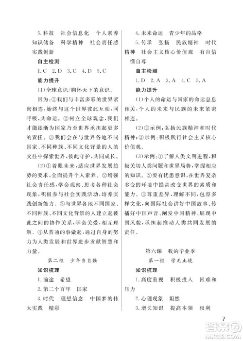 武汉出版社2024年春智慧学习天天向上课堂作业九年级道德与法治下册人教版答案