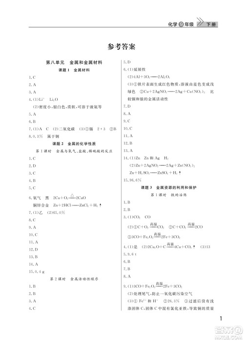武汉出版社2024年春智慧学习天天向上课堂作业九年级化学下册人教版答案