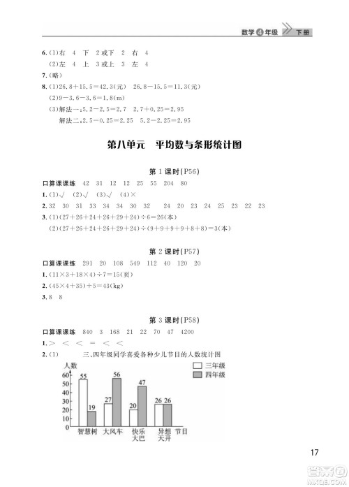 武汉出版社2024年春智慧学习天天向上课堂作业四年级数学下册人教版答案