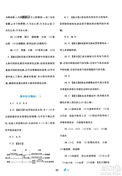 广西师范大学出版社2024年春新课程学习与测评单元双测七年级生物下册A版人教版参考答案
