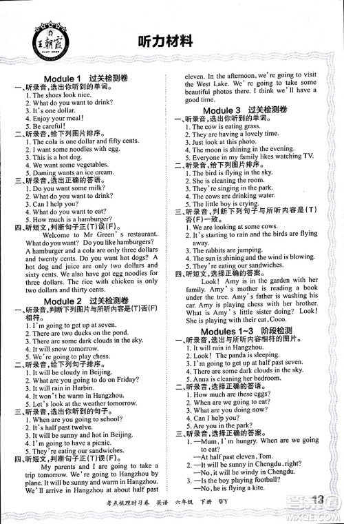 江西人民出版社2024年春王朝霞考点梳理时习卷六年级英语下册外研版答案