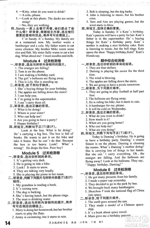 江西人民出版社2024年春王朝霞考点梳理时习卷六年级英语下册外研版答案