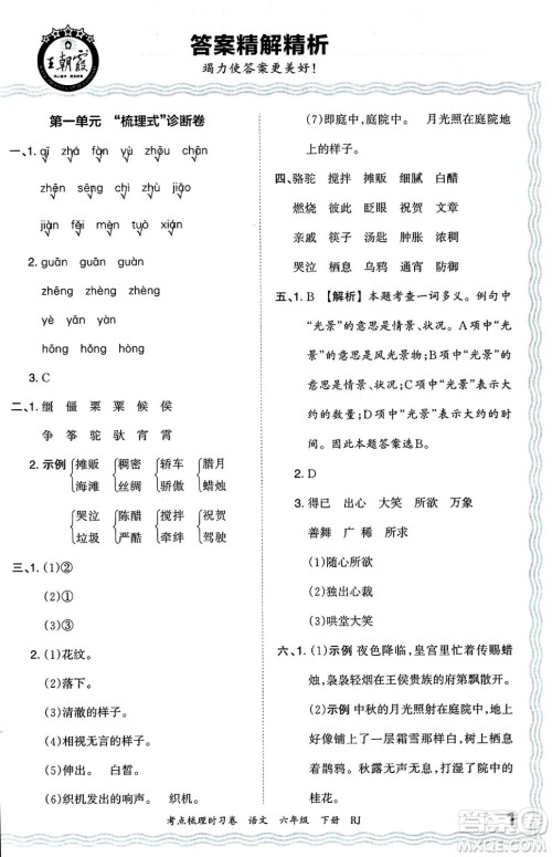 江西人民出版社2024年春王朝霞考点梳理时习卷六年级语文下册人教版答案