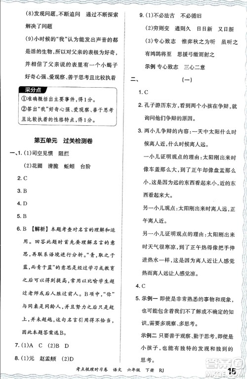 江西人民出版社2024年春王朝霞考点梳理时习卷六年级语文下册人教版答案