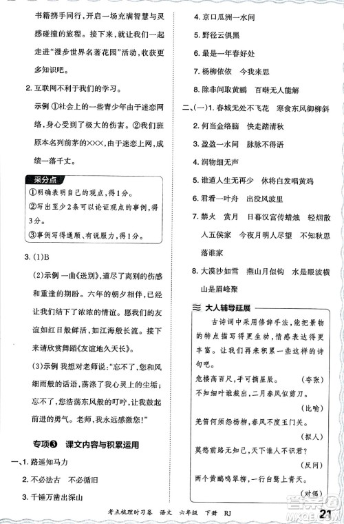 江西人民出版社2024年春王朝霞考点梳理时习卷六年级语文下册人教版答案