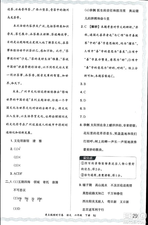 江西人民出版社2024年春王朝霞考点梳理时习卷六年级语文下册人教版答案