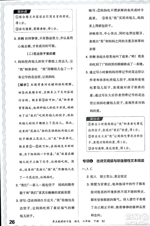 江西人民出版社2024年春王朝霞考点梳理时习卷六年级语文下册人教版答案