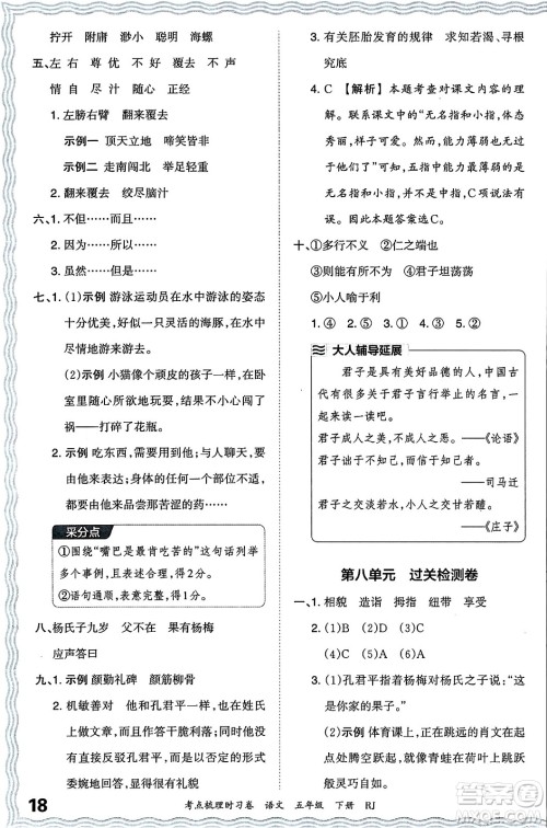 江西人民出版社2024年春王朝霞考点梳理时习卷五年级语文下册人教版答案