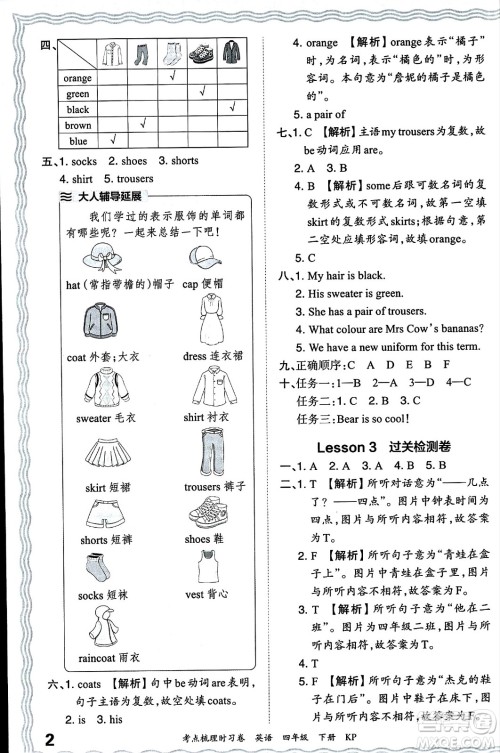 江西人民出版社2024年春王朝霞考点梳理时习卷四年级英语下册科普版答案