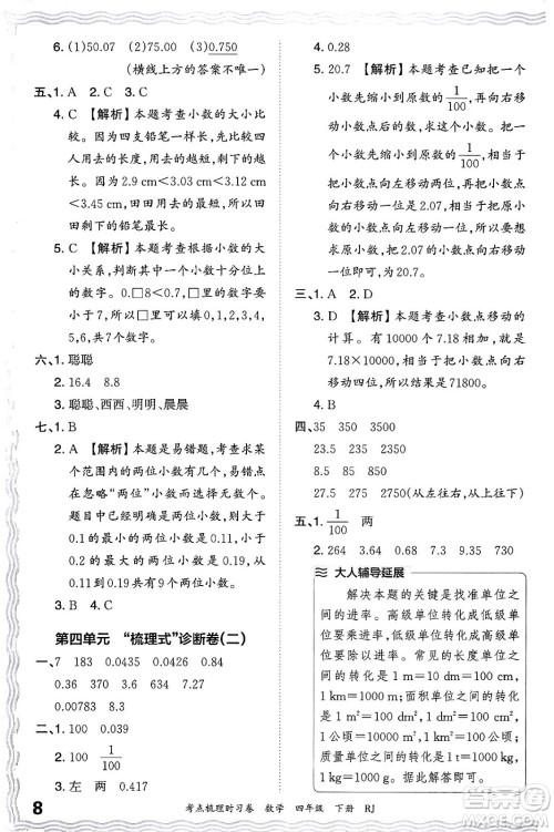 江西人民出版社2024年春王朝霞考点梳理时习卷四年级数学下册人教版答案