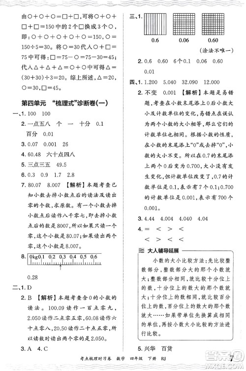 江西人民出版社2024年春王朝霞考点梳理时习卷四年级数学下册人教版答案