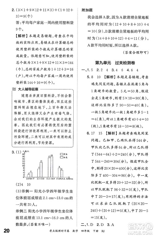 江西人民出版社2024年春王朝霞考点梳理时习卷四年级数学下册人教版答案