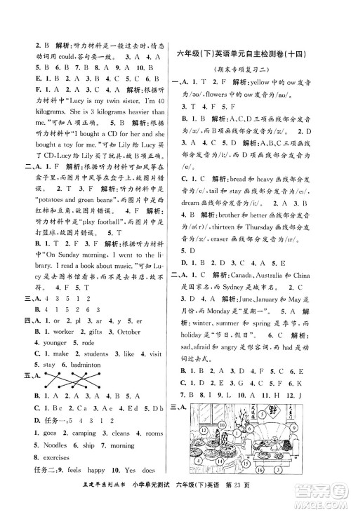 浙江工商大学出版社2024年春孟建平小学单元测试六年级英语下册人教PEP版答案