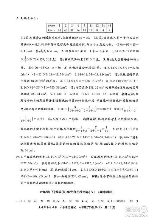 浙江工商大学出版社2024年春孟建平小学单元测试六年级数学下册人教版答案 浙江工商大学出版社2024年春孟建平小学单元测试六年级数学下册人教版答案