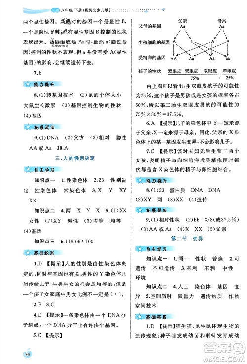 广西师范大学出版社2024年春新课程学习与测评同步学习八年级生物下册冀少版参考答案 广西师范大学出版社2024年春新课程学习与测评同步学习八年级生物下册冀少版参考答案