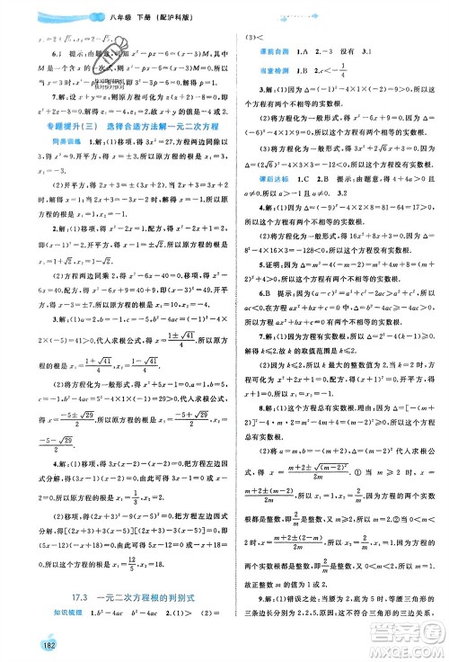 广西师范大学出版社2024年春新课程学习与测评同步学习八年级数学下册沪科版参考答案