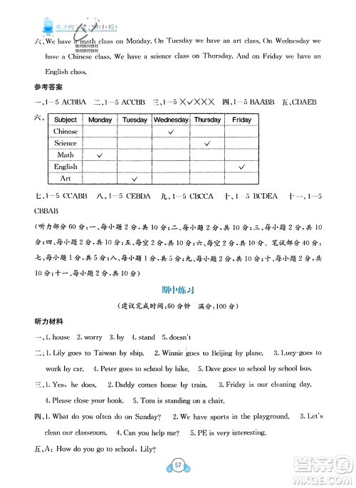 广西教育出版社2024年春自主学习能力测评单元测试四年级英语下册D版闽教版参考答案