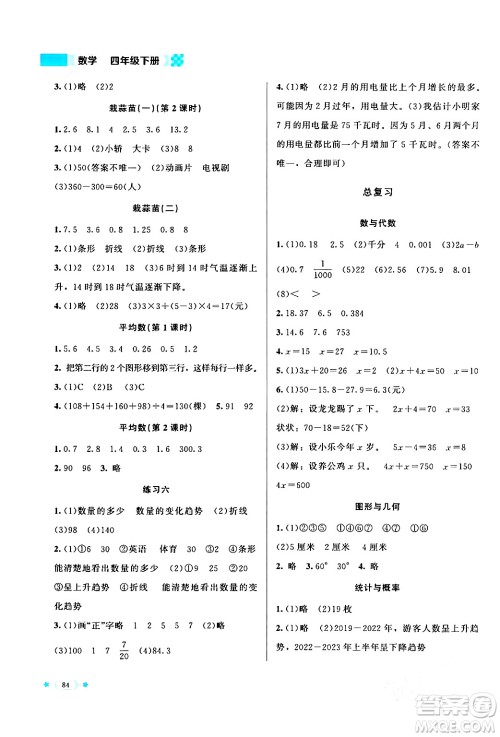 北京师范大学出版社2024年春新课标同步单元练习四年级数学下册北师大版答案