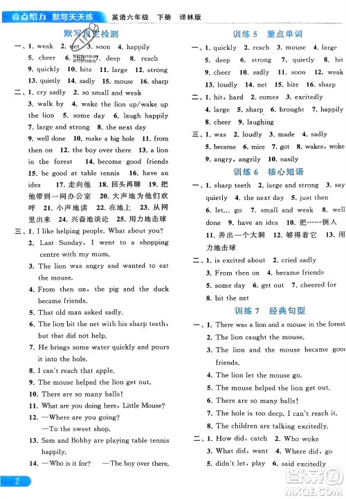 北京教育出版社2024年春亮点给力默写天天练六年级英语下册译林版江苏专版参考答案