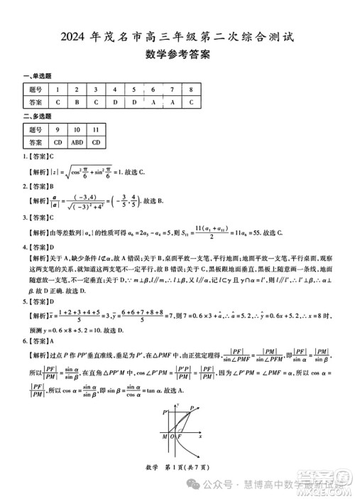 2024年茂名市高三年级第二次综合测试数学试卷答案 2024年茂名市高三年级第二次综合测试数学试卷答案