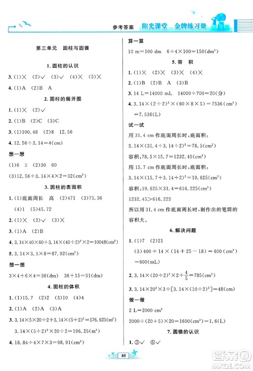 人民教育出版社2024年春阳光课堂金牌练习册六年级数学下册人教版答案