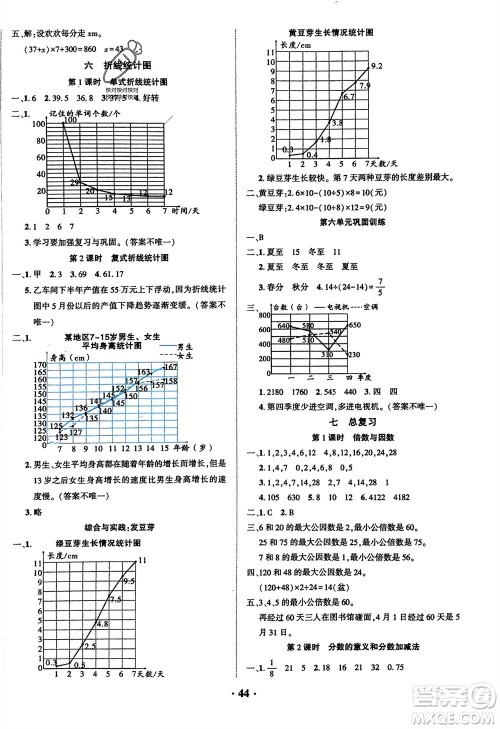 吉林教育出版社2024年春一对一同步精练测评五年级数学下册西师版参考答案