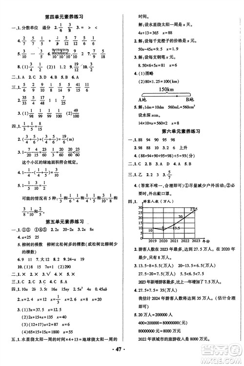 吉林教育出版社2024年春一对一同步精练测评五年级数学下册西师版参考答案