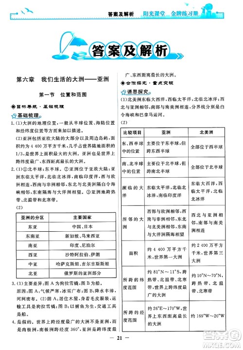 人民教育出版社2024年春阳光课堂金牌练习册七年级地理下册人教版答案