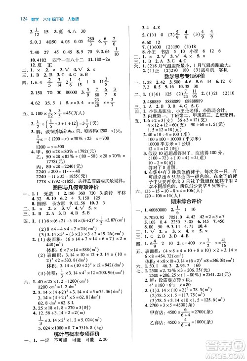 湖南教育出版社2024年春学法大视野六年级数学下册人教版答案