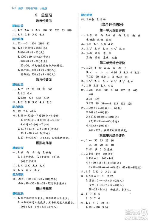 湖南教育出版社2024年春学法大视野三年级数学下册人教版答案