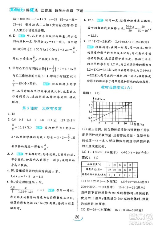 北京教育出版社2024年春亮点给力提优班六年级数学下册江苏版答案