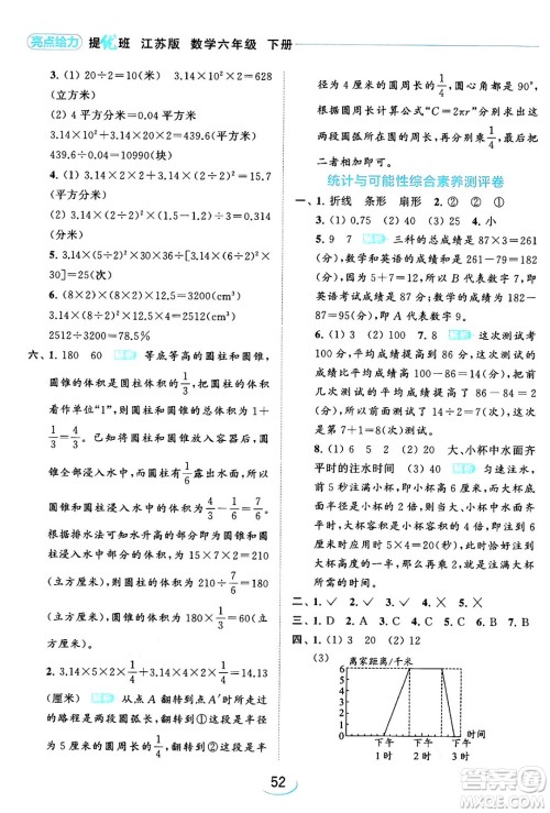 北京教育出版社2024年春亮点给力提优班六年级数学下册江苏版答案