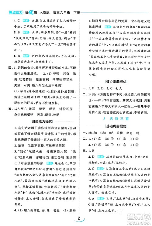 北京教育出版社2024年春亮点给力提优班六年级语文下册江苏版答案