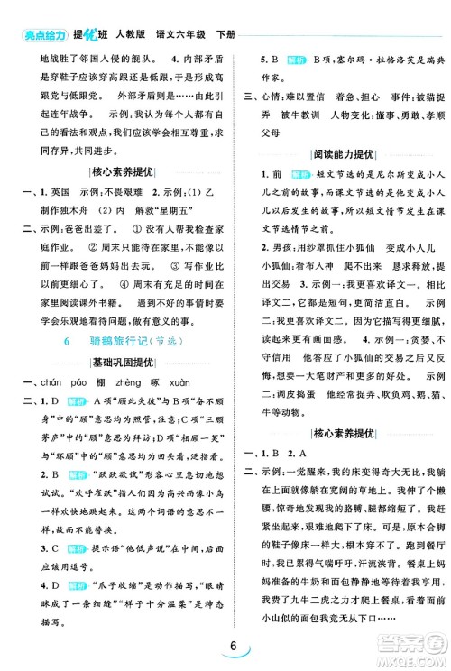 北京教育出版社2024年春亮点给力提优班六年级语文下册江苏版答案