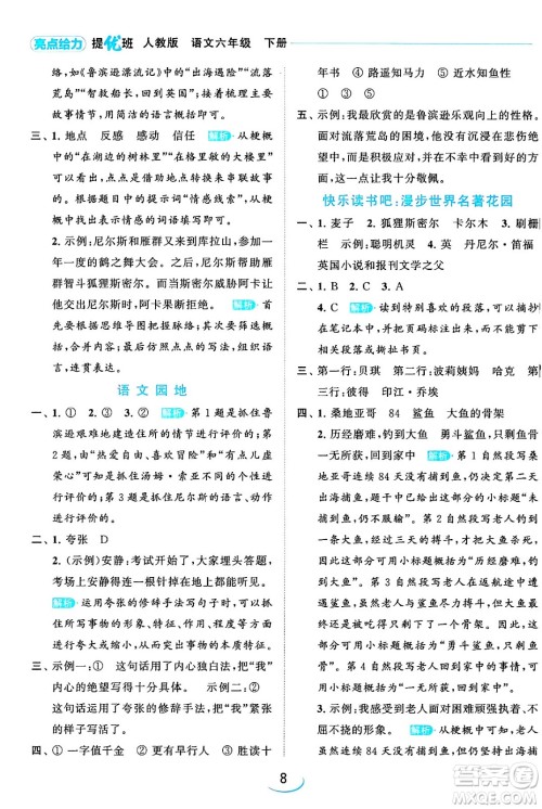 北京教育出版社2024年春亮点给力提优班六年级语文下册江苏版答案