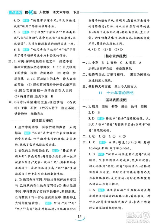 北京教育出版社2024年春亮点给力提优班六年级语文下册江苏版答案