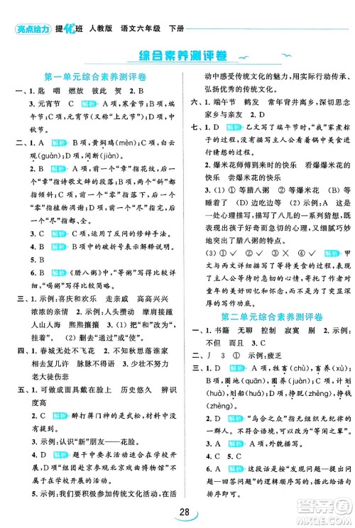 北京教育出版社2024年春亮点给力提优班六年级语文下册江苏版答案