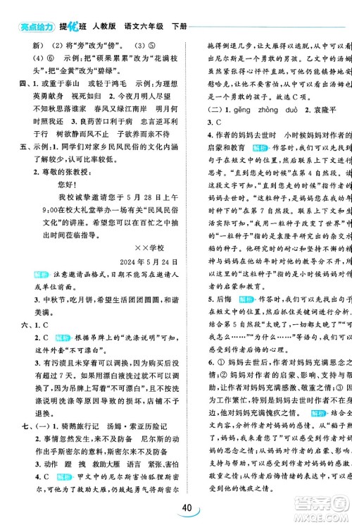 北京教育出版社2024年春亮点给力提优班六年级语文下册江苏版答案